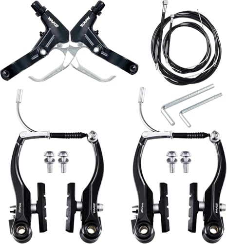 OSAGIE Bicycle Brake Set Complete Universal V-Brake Bicycle Brake Front & Rear MTB Brakes, Inner Outer Brake Ropes & Brake Lever Kit for Most Mountain Bike, Road Bike, MTB, BMX (Silver, V-Brake Sets)
