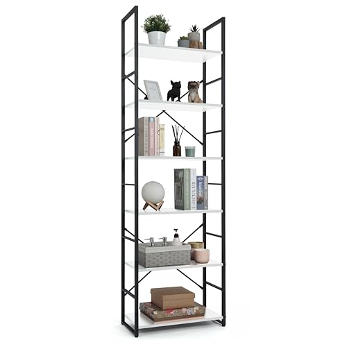 Image of CAPHAUS 6 Tier Bookshelf, 24 Inch Width Free Standing Shelf, Bookcase Shelf Storage Organizer, Industrial Book Shelves for Home Office, Living Room, Kitchen, White Shelves & Metal Frame
