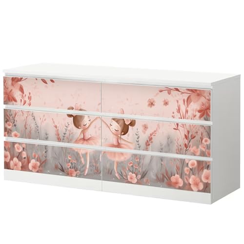 Sunnywall® Möbelfolie passend für IKEA Malm Kommode Schrankfolie Aufkleber mit Ballerina Floral Motiv | blasenfrei verkleben | Kinderzimmer 6er 160 cm