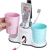 3-in-1 Vacuum Suction Cups Automatic Toothpaste Dispenser with 2 Rinse Cups and 5 Storage Grids...