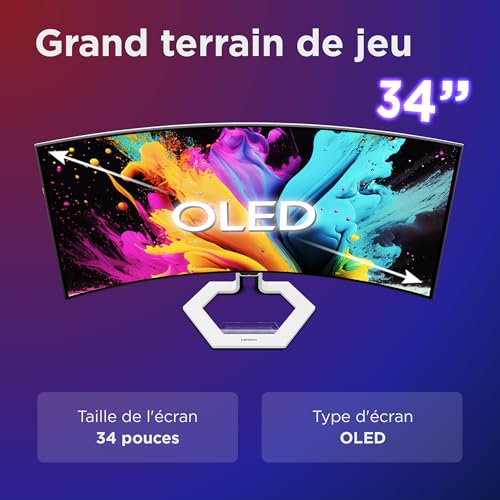 Lenovo Legion Pro 34WD-10 - Écran Gaming de 34" Incurvé avec Eyesafe (WQHD, OLED, 240Hz, 0.03ms, HDMI+DP, Cable DP, AMD FreeSync Premium Pro, Haut-parleurs) Réglage en Inclinaison - Noir-Blanc