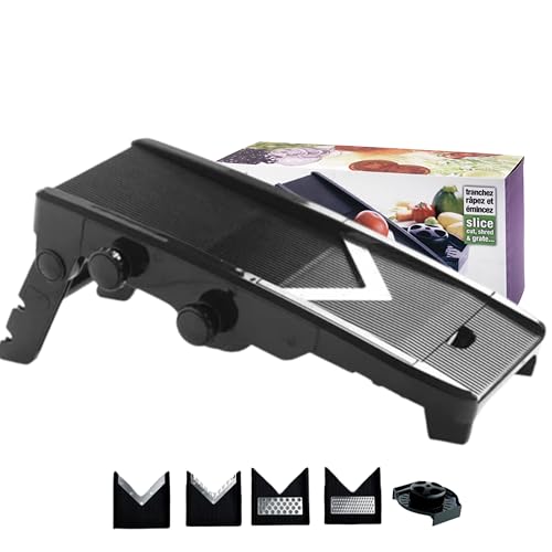 Mastrad - Mandoline Multi-Lames en V – Coupe-Légumes 6 Lames Inox – Épaisseur Réglable 1 à 9 mm – Trancheur, Râpe, Coupe Frites – Garde de...