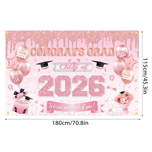 JKQ Class of 2026 Congrats Grad Backdrop Banner 71 x 45 Inch Large Size Graduation Background Banner Graduation Party Decorations 2026 Grad Photo Booth Props Pink Rose Gold by JKQ - Used condition - Image 2