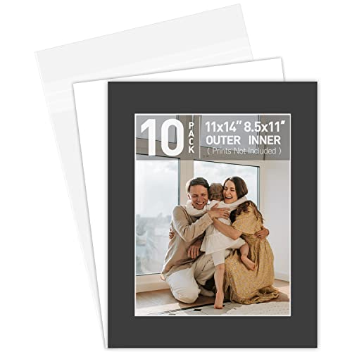 Golden State Art, Complete Pack of 10, Black Pre-Cut 11x14 Photo Mat for 8.5x11 Document with White Core Matte Set. Includes 10 Acid Free Bevel Cut Mattes & 10 Backing Backers Board & 10 Clear Bags