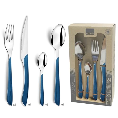 AMEFA - Ménagère 24 couverts de table pour 6 personnes - Eclat Nature - Acier inoxydable 18/0, Finition Brillante - Bleu Marine
