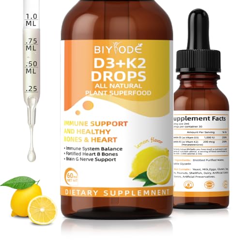 BIYODE Vitamin D3 K2 Liquid Drops – Liposomal 1000 IU D3 & 200 mcg K2 MK-7 – High Absorption, Immune, Bone & Heart Support, Non-GMO, Lemon Flavor, 60ml