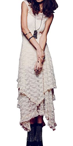 R.Vivimos Womens Sleeveless Backless Asymmetrical Layered Lace Long Dress with Slip Two Pieces (Large, Beige)
