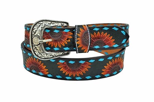 Western Tooled Hand Finished Sunflower and Buckstitch Leather Belt For Men and Women 30AB1192
