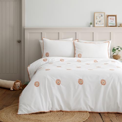 Catherine Lansfield Embroidered Lions Double Duvet Cover Set with Pillowcases White
