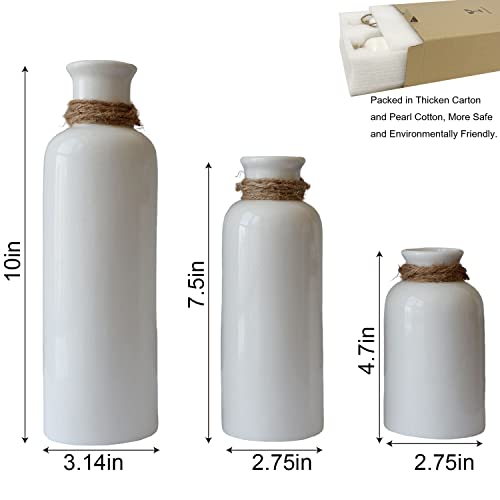 White Ceramic Vases Set With Rope, 3 Small Rustic Decorative Vases For Modern Shelf Farmhouse Bathroom House Decor, Living Room Centerpieces Decoration, Flower Vases For Table Mantel Entryway Décor #TOP5