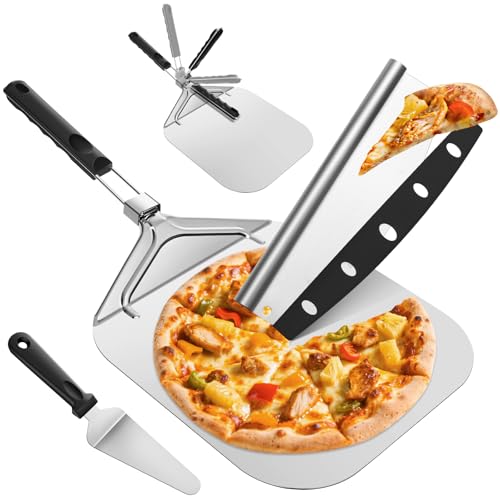 Omtofo Pizza Set 3 teilig, 32cm Pizzaschieber Klappbar + Großer Pizzaschneider mit Abdeckung + Kuchenheber Tortenheber, Aluminium Pizzaschaufel für Hausgemachte Pizzen, Backen, Brot