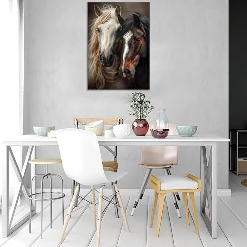 Cuadros decorativos en lienzo con retrato abstracto de dos caballos y marco blanco de lujo 2