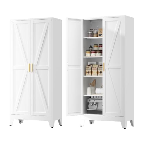 Image of Kitchen Pantry Cabinet,71 inch H x 31.5 inch W,Metal Farmhouse Storage Cabinet with Adjustable Shelves and Barn Doors,5-Tier Storage Cabinet for Kitchen Dining Room Garage,White 1 Pack