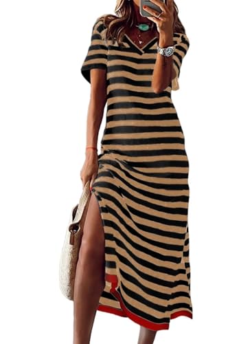 Image of Wkior Women's Summer Maxi Dress Loose Casual Long Dress Color Block Short Sleeve Split Maxi Dresses(S-2XL)