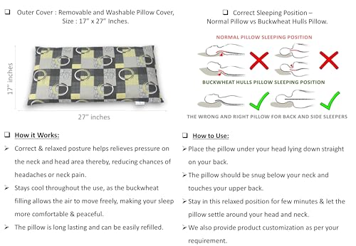 Image of Buckwheat Hulls Pillow | King Size | 17 inch x 27 inch inch | Pillow for Neck Pain | Shoulder Pain | Back Pain | Other Sleeping Problem | for Daily Use (Grey & Yellow Circle Design)