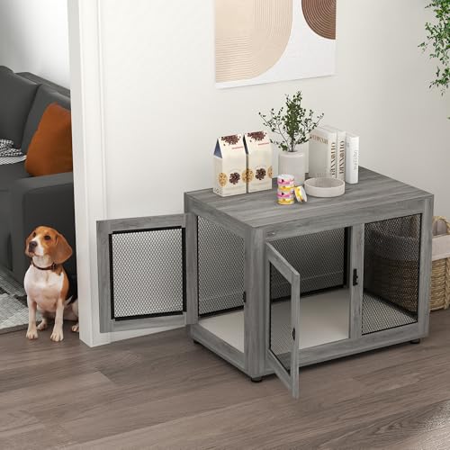 PawHut Hundekäfig Möbel mit 2 Türen waschbaren Kissen Moderne Stahl Hundebox für Zuhause Indoor Hundehütte für große Hunde bis zu 30 kg Hundehaus 94x60x71,5 cm Grau