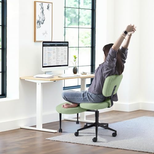 Image of VITESSE Cross-Legged Ergonomic Chair 360 Swivel with Wheels, Adjustable Meditation Seat for ADHD, Lumbar Support, Teddy Fabric Home Office Chair,Green