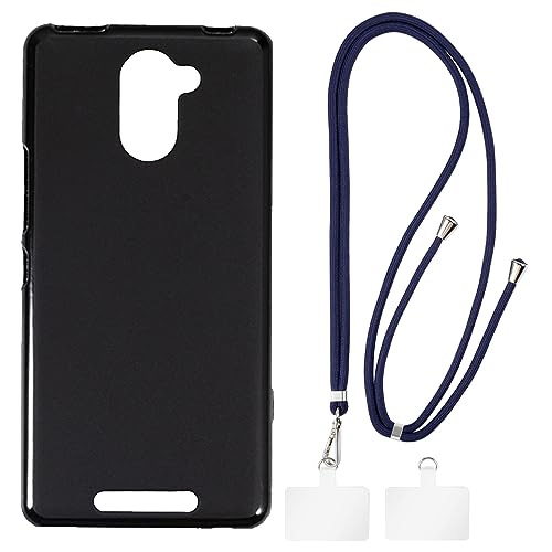Shantime Funda y Correa Cruzada Compatible con BQ Aquaris U Plus Funda para Teléfono y Cinta de Cuello Ajustable con Hebillas Metálicas y 2 Parches(Negro + Azul)