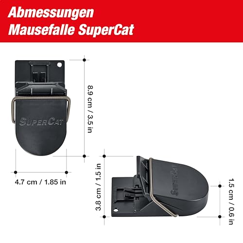SWISSINNO Mausefalle SuperCat – 2 Wiederverwendbare Schlagfallen mit vorbefülltem Köder – Effektive Mäusefalle für Haus & Garten – Präziser Fangmechanismus für drinnen & draußen