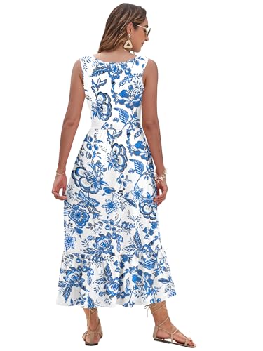 Image of AUSELILY Womens Summer Maxi Dress Casual Sleeveless V Neck Floral Dresses | A line shape with practical side pockets, Vacation dress for resort walks, Pair with low heels and simple jewelry