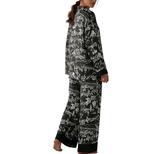 Image of Women Satin Pajama Set Floral Silk Pajamas 2 Piece Lounge Sets Button Down Shirts Wide Leg Pants Pjs Sleepwear
