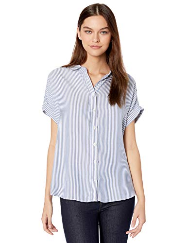 Amazon Brand - Goodthreads Women's Modal Twill Relaxed Fit Short Sleeve Button Front Shirt, Blue/White Stripe , XX-Large