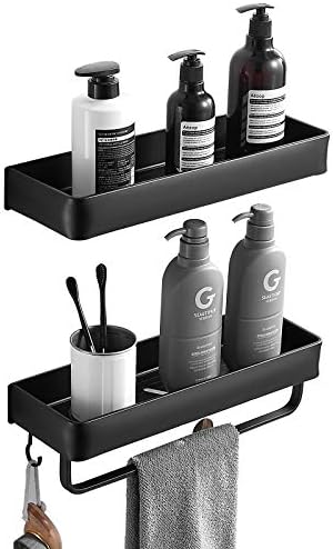 Delysia King Bathroom Shelves with Towel Bar and 5 Hooks,Metal Wall Mounted Storage Shelves Organizer for Bathroom, Kitchen, Set of 2 (Black)