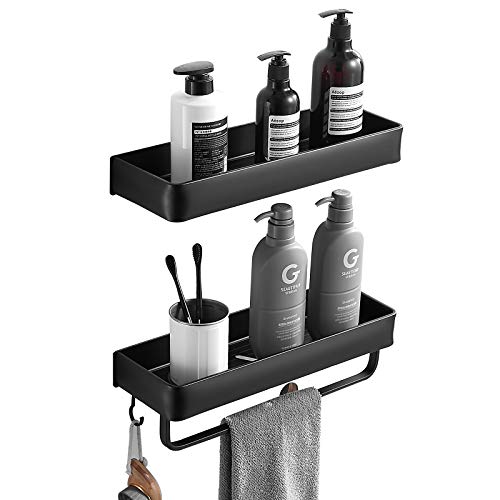 Delysia King Bathroom Shelves With Towel Bar And 5 Hooks,Metal Wall Mounted Storage Shelves Organizer For Bathroom, Kitchen, Set Of 2 (Black) #TOP1