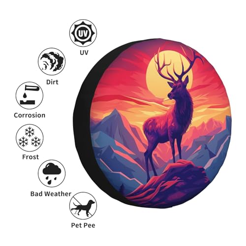 Image of Abstract Mountain Sunset and Deer Spare Tire Cover Wheel Protectors Weatherproof Deer Pattern Wheel Covers Universal Fit for Trailer RV SUV Truck Camper Travel Trailers Accessories 17 Inch