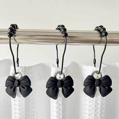 Black Bow Knot Shower Curtain Hooks 12 Pcs, Rust Proof Shower Curtain Rings for Bathroom, Metal Decorative Shower Curtain Hangers Bathroom Accessories Cover