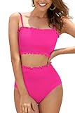 SHEKINI Women's Smocked Bikini Set High Waisted Bandeau Swimsuit Padded Tummy Control Two Pieces Bathing Suits, Pink, X-Large