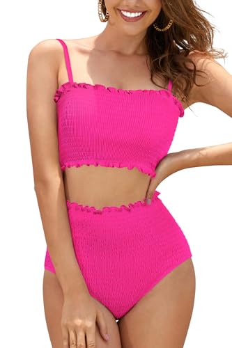 SHEKINI Women's Smocked Bikini Set High Waisted Bandeau Swimsuit Padded Tummy Control Two Pieces Bathing Suits, Pink, Large