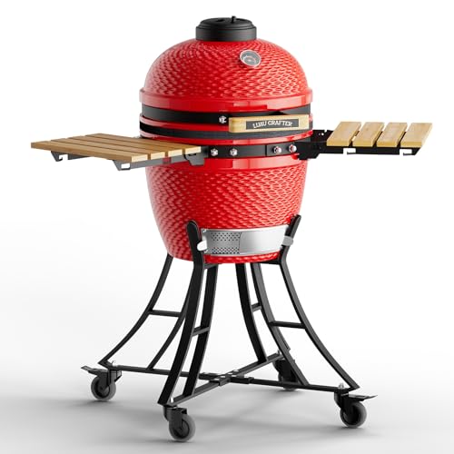 18-inch Ceramic Charcoal Grill and Smoker in Red with Cart, Portable Charcoal Grill with Side Shelves, Cover, Casters Lockable, Barbecue Grill for Home Parties and Outdoor Backyard Cooking.