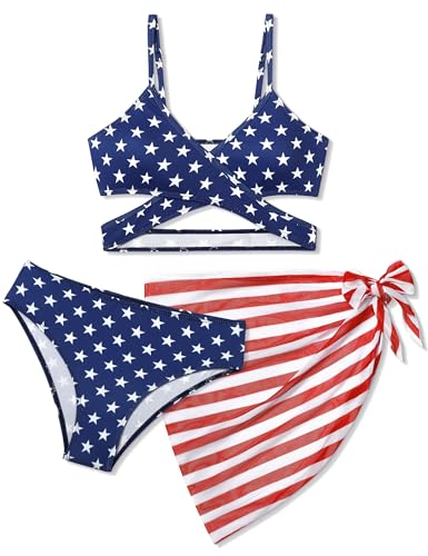 Image of NAPU 4th of July Girls Swimsuit 3 Piece American Flag Bathing Suit Girl Criss Cross Bikini Set with Cover Up 7-16 Years