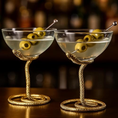 Snake Serpent Cocktail Glasses - 2 Set Gold Design Unique Reptile Inspired Barware - Themed Parties Gothic Décor Snake Lover Gifts or Spooky Drinking Glasses Perfect for Mixed Drinks and Entertaining