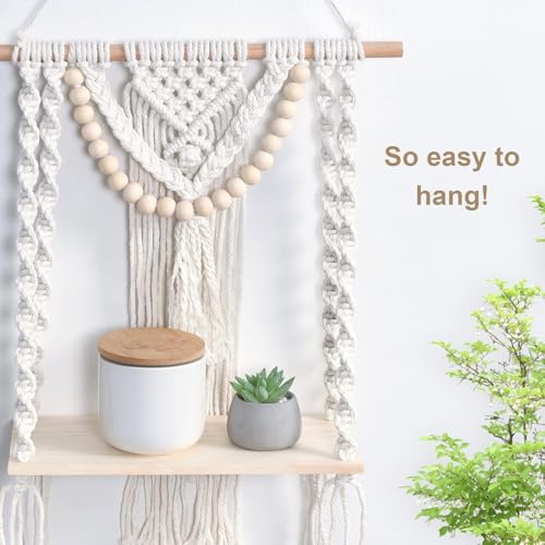 Image of Macrame Wall Hanging Shelf Handmade Floating Boho Decor Shelf Wooden Dowel and Beads with Braided Design for Display Bedroom Living Room Nursery Decor Home Office Shop Gifting Use Pack 1