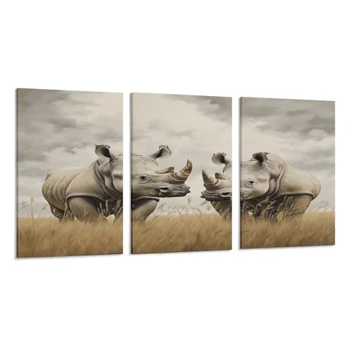 Toile murale 3 panneaux rhinocéros affiche suspendue verticale