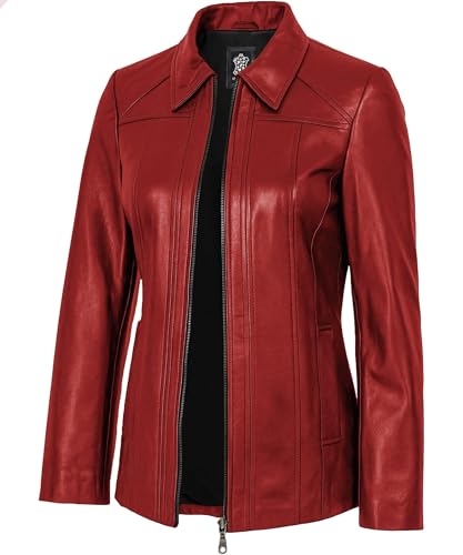 TRENDS GENESIS Leather Coats for Women – Soft Genuine Lambskin Car Coat Women’s Long Red Leather Jacket M