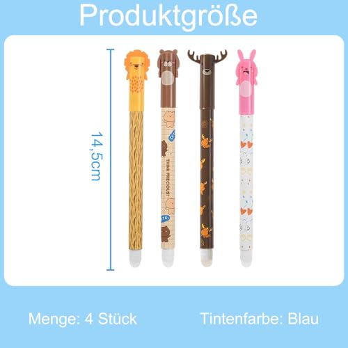 Canollo 4 Stück Radierbarer Kugelschreiber, Cartoon Kleintiere Muster Radierbare Stifte, Radiergummi mit löschbarer Tinte, 0,5 mm Mine, Radiergummi Stift, Aesthetic Tintenroller radierbar(Blau)