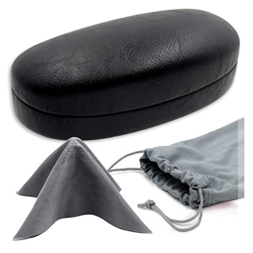 Large Glasses Case hard shell - Durable Eyeglass Case Holder - Medium Sunglasses Case with Microfiber Pouch & Cleaning for men & women (AS113 Black)