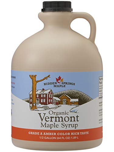 Hidden Springs Maple Organic Vermont Maple Syrup, Grade A Amber Rich, 64 Ounce, 1 Half Gallon, Family Farms, BPA-free Jug