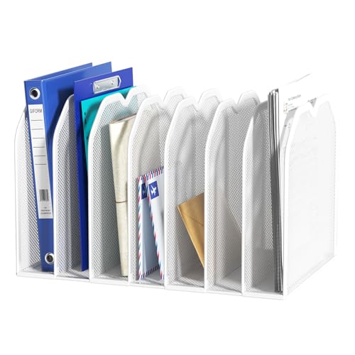 FANXIYQ White 7-Section File Folder Organizer for Desk, Metal Vertical File Holder Stand, Desktop File Organizer Rack for Letter/A4 Folders, Papers, Books, Office Classroom Home