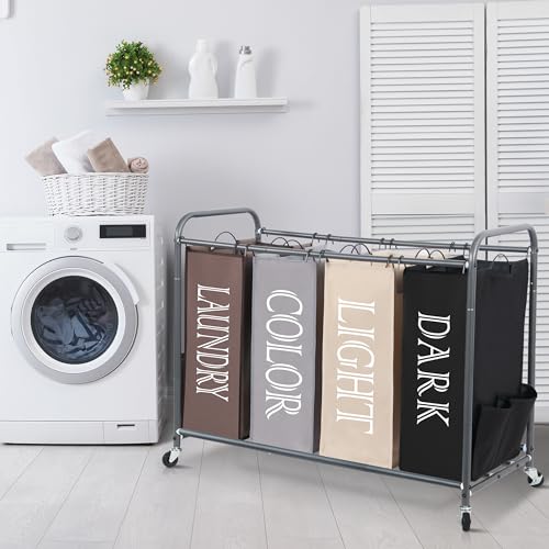 Image of STORAGE MANIAC Laundry Sorter 4 Section, 47.5 Gal (180 L) Laundry Hamper with Wheels, Clothes Divider Basket Sorter, Separator Hamper Cart with Removable Bags, Multicolored