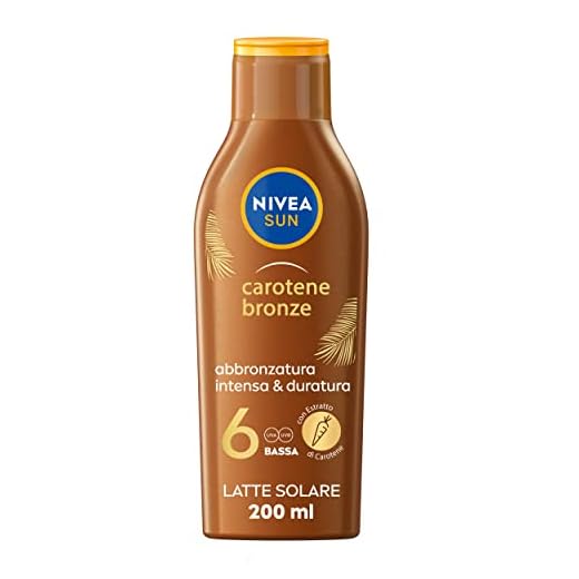 NIVEA SUN Latte Solare Carotene Bronze FP 6 200 ml, Crema solare abbronzante con protezione per una pelle dorata, Crema abbronzante arricchita con carotene e vitamina E
