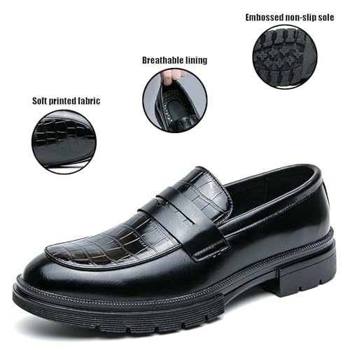 Men's Leather Printed Chunky Platform Penny Loafers Luxury Round Toe Slip-On Lug Sole Office Business Dress Shoes Daily Non-Slip Low Block Heel Casual Shoes3