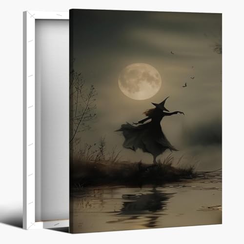 Halloween Witch Wall Art Vintage Witch Dancing Under Moon Canvas