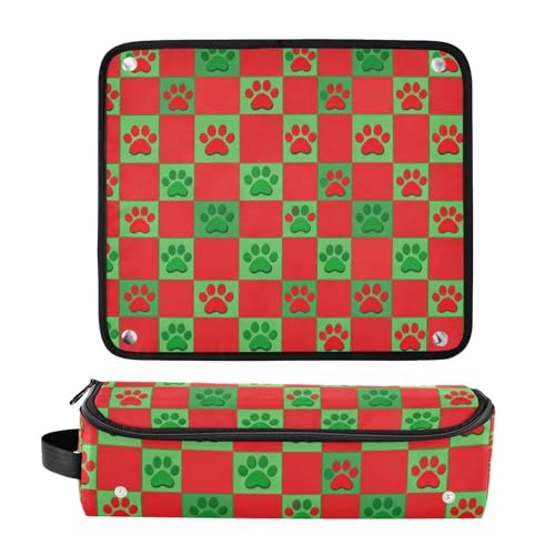 Bolsa de viaje y tapete resistente al calor para planchas y rizadores de cabello, con diseño de cuadros rojos y verdes con huellas de perro miniatura 3