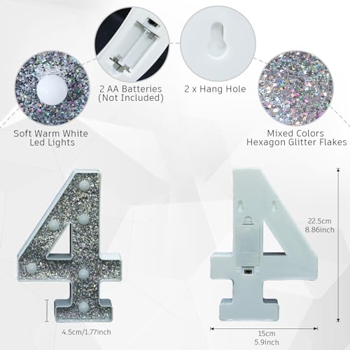Image of Light Up Letters, Marquee Light Letter for Table Decorations, Glitter Light Up Signs for Prom, Events, or Engagement Party Decor, Featuring Alphabet & Number Lighted Letters, Number 4