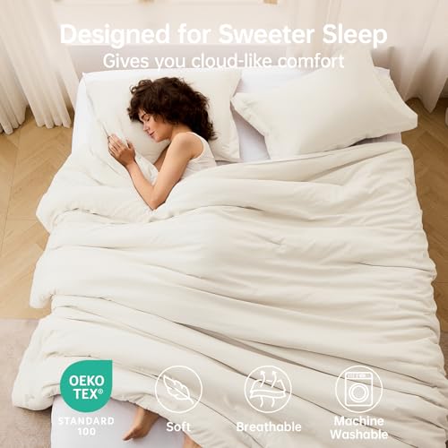 Image of MUXHOMO Full Comforter Sets, All Season Ultra Soft Down Alternative Bedding - 3 Piece Lightweight Bed Set Includes 1 Comforter (82 inchx86 inch) and 2 Pillow Shams (20 inchx26 inch), Ivory