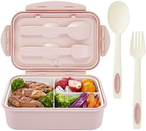 Bento Box for Adults & Kids - 3 Compartment Lunch Box Containers with Spoon & Fork, On-the-Go Meal and Snack Packing(Red)